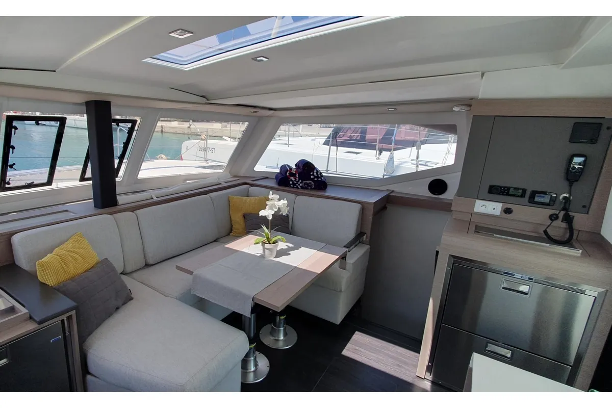 Salon of Sailor Venus, a Fountaine Pajot Isla 40 catamaran at Dubrovnik, Croatia