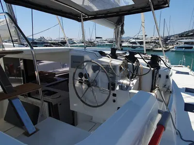Cockpit of Sailor Venus, a Fountaine Pajot Isla 40 catamaran at Dubrovnik, Croatia