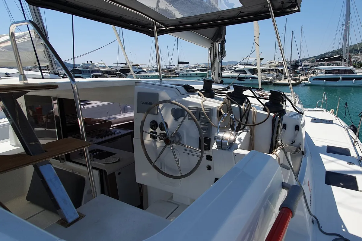 Cockpit of Sailor Venus, a Fountaine Pajot Isla 40 catamaran at Dubrovnik, Croatia