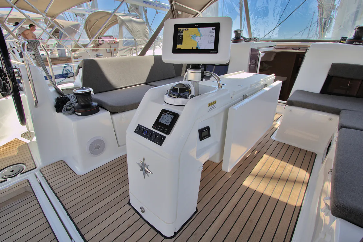 Cockpit of Menelaos, a Jeanneau Sun Odyssey 490 sailboat at Lavreotiki Municipal Unit, Greece