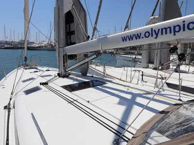 Deck of Menelaos, a Jeanneau Sun Odyssey 490 sailboat at Lavreotiki Municipal Unit, Greece