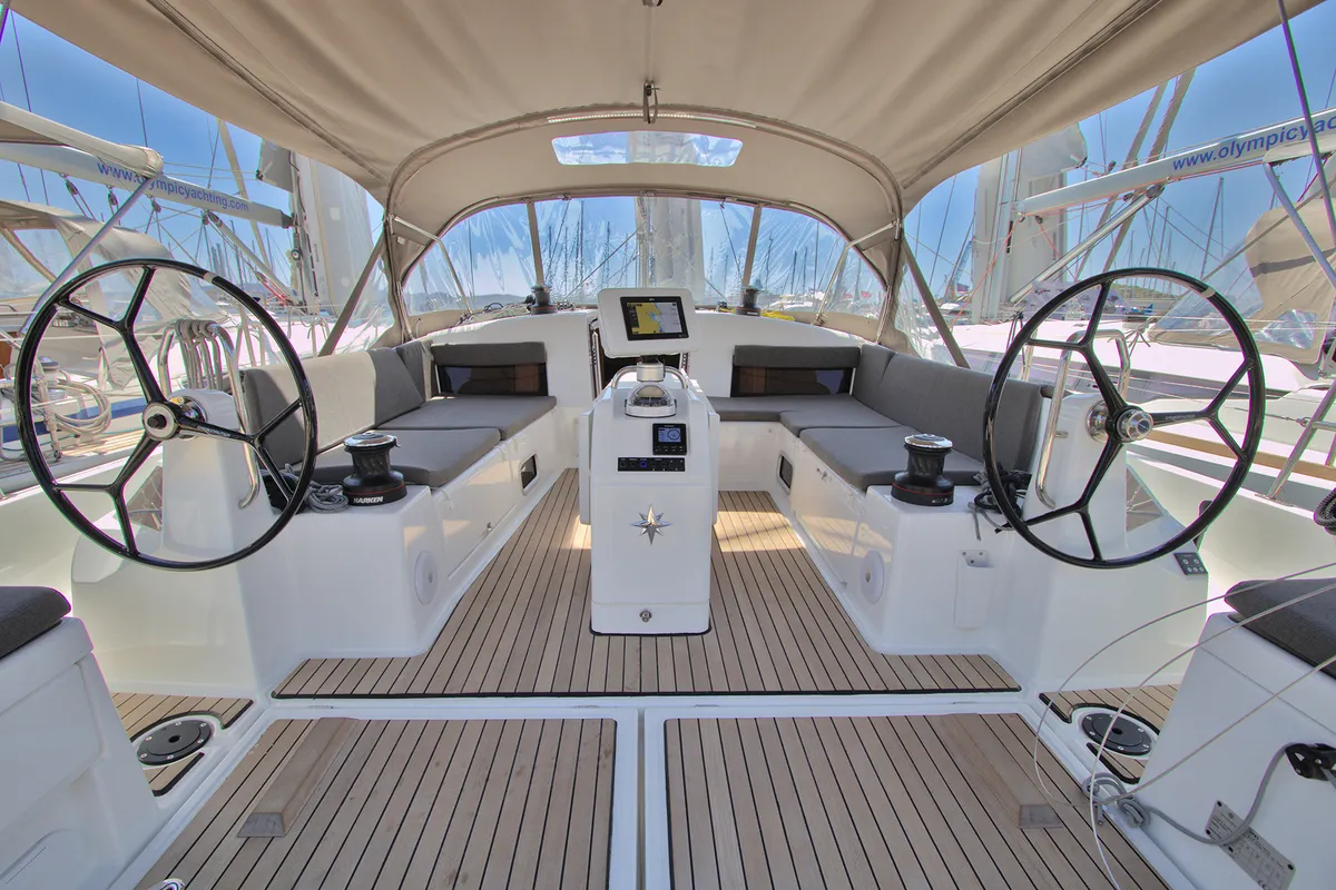 Cockpit of Menelaos, a Jeanneau Sun Odyssey 490 sailboat at Lavreotiki Municipal Unit, Greece