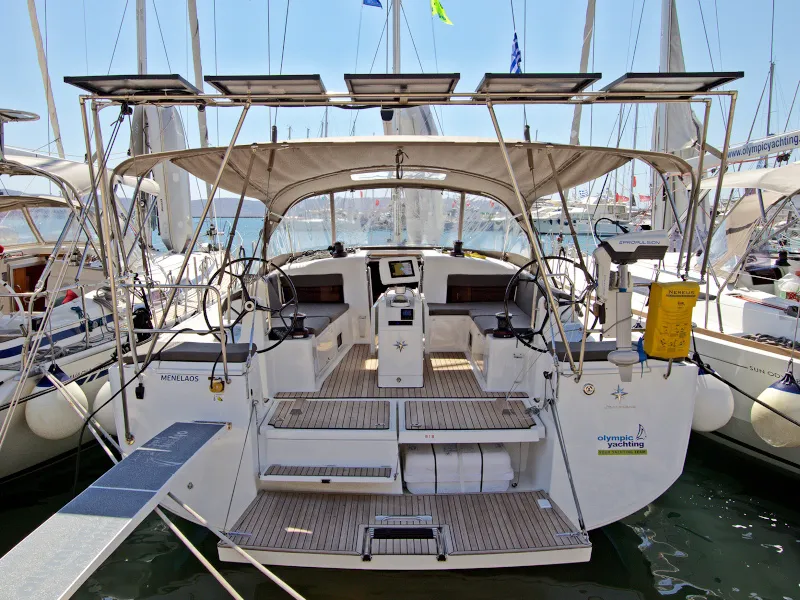 Exterior view of Menelaos, a Jeanneau Sun Odyssey 490 sailboat at Lavreotiki Municipal Unit, Greece