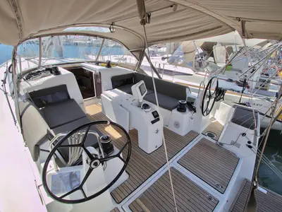 Cockpit of Menelaos, a Jeanneau Sun Odyssey 490 sailboat at Lavreotiki Municipal Unit, Greece