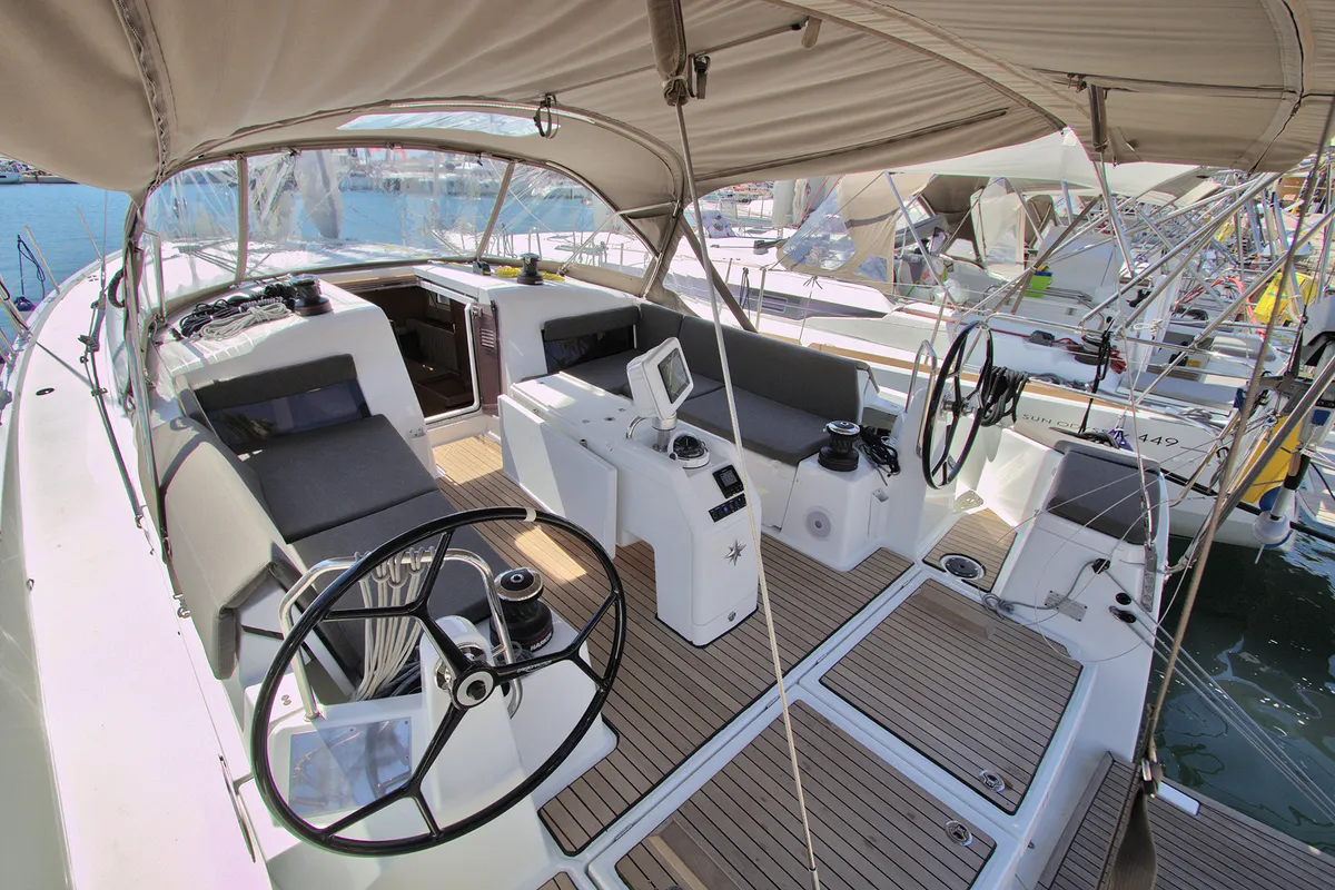 Cockpit of Menelaos, a Jeanneau Sun Odyssey 490 sailboat at Lavreotiki Municipal Unit, Greece
