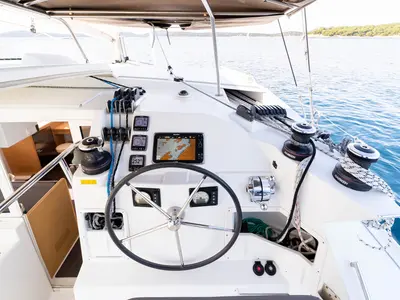 Cockpit of Patch Work, a Lagoon 421 catamaran at Grad Šibenik, Croatia