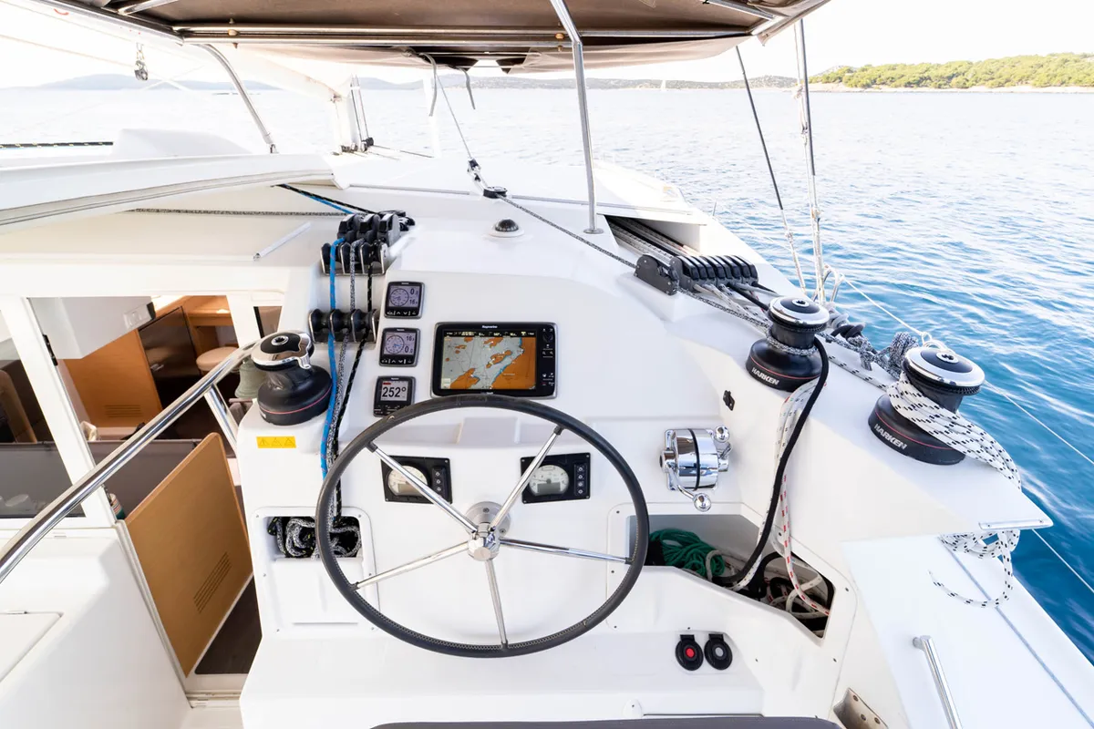Cockpit of Patch Work, a Lagoon 421 catamaran at Grad Šibenik, Croatia
