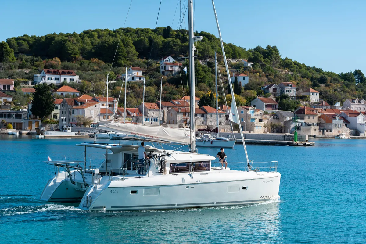Exterior view of Patch Work, a Lagoon 421 catamaran at Grad Šibenik, Croatia