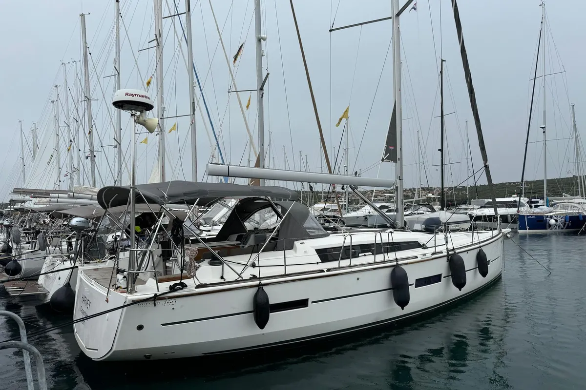 Exterior view of Harvey, a Dufour 460 GL sailboat at Punat, Croatia