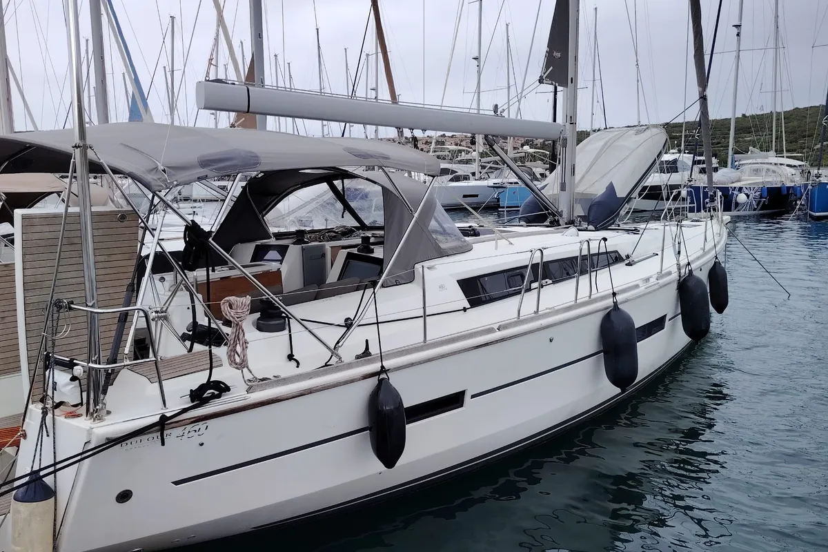 Exterior view of Harvey, a Dufour 460 GL sailboat at Punat, Croatia