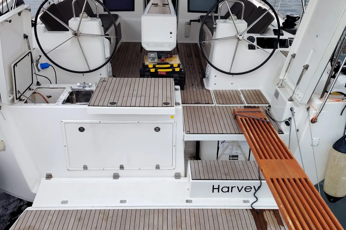 Cockpit of Harvey, a Dufour 460 GL sailboat at Punat, Croatia