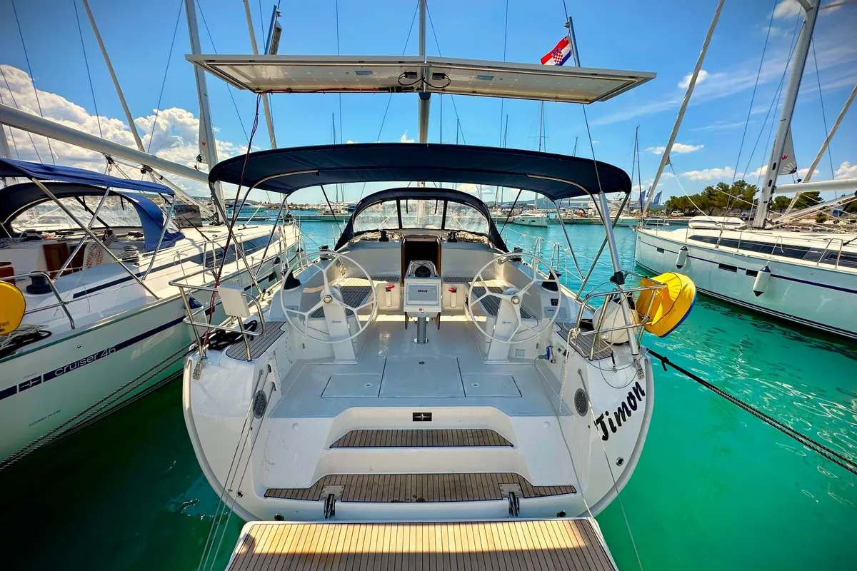 Exterior view of Timon, a Bavaria Cruiser 46 sailboat at Sukošan, Croatia