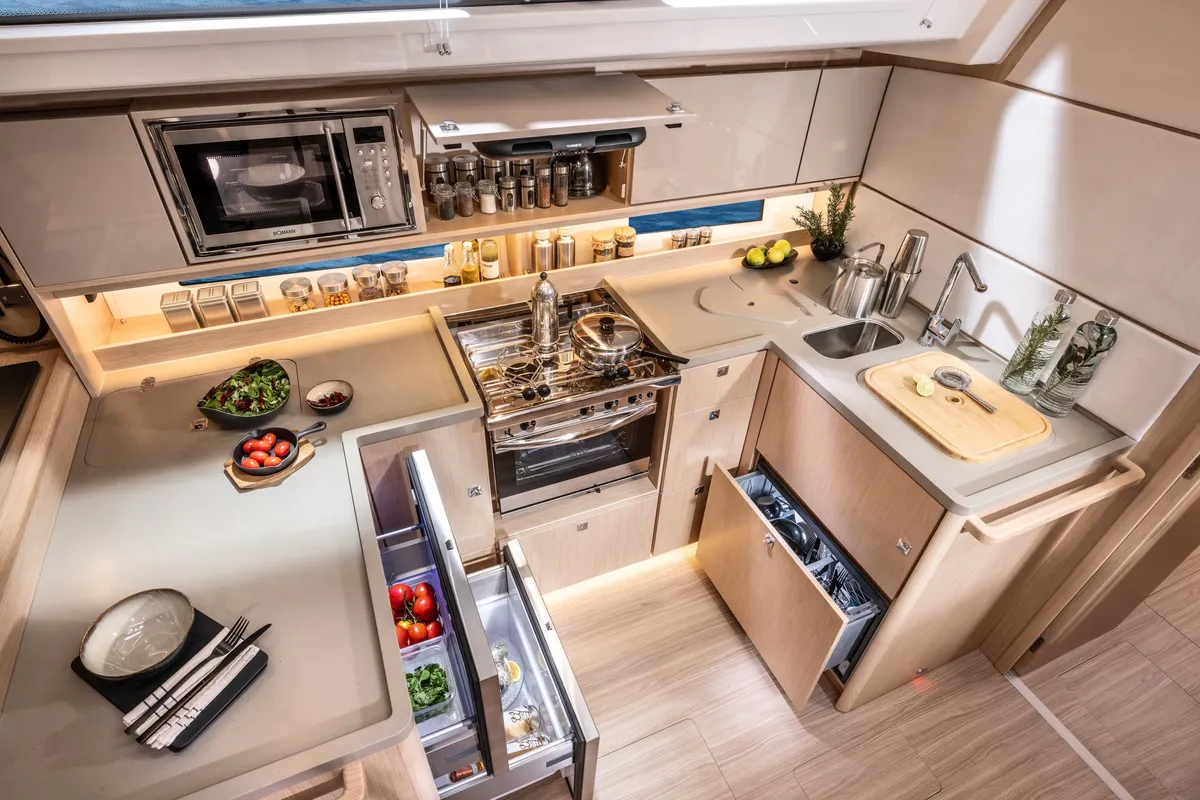 Galley of Jetset 03, a Bavaria C46 sailboat at Mai Khao, Thailand