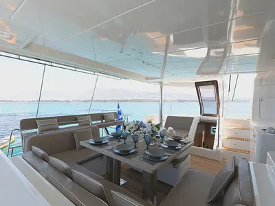 Deck of Royal Flush, a Lagoon 52 catamaran at Athens, Greece