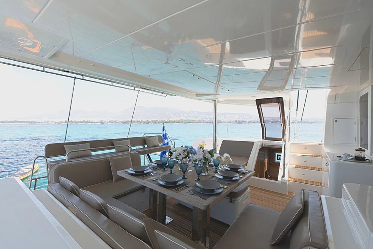 Deck of Royal Flush, a Lagoon 52 catamaran at Athens, Greece