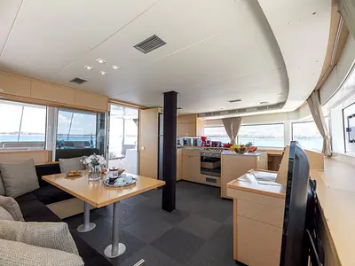 Salon of Royal Flush, a Lagoon 52 catamaran at Athens, Greece
