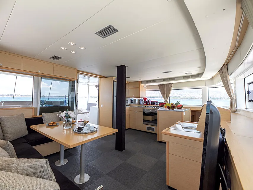 Salon of Royal Flush, a Lagoon 52 catamaran at Athens, Greece