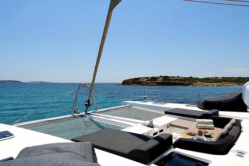 Deck of Royal Flush, a Lagoon 52 catamaran at Athens, Greece