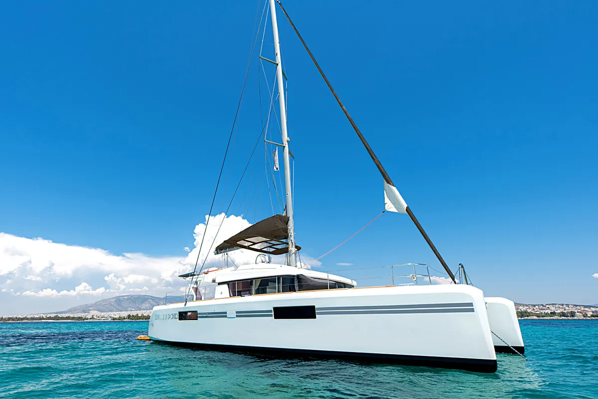 Exterior view of Royal Flush, a Lagoon 52 catamaran at Athens, Greece