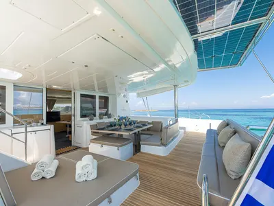 Deck of Royal Flush, a Lagoon 52 catamaran at Athens, Greece