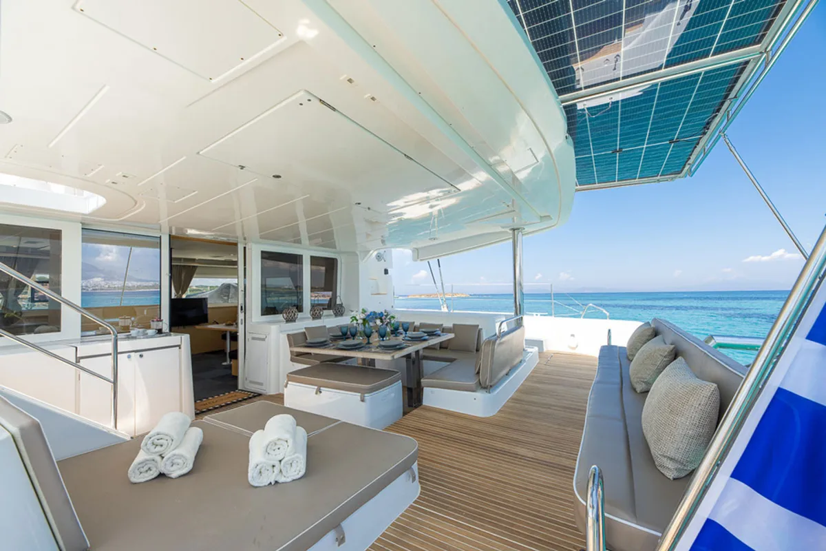 Deck of Royal Flush, a Lagoon 52 catamaran at Athens, Greece
