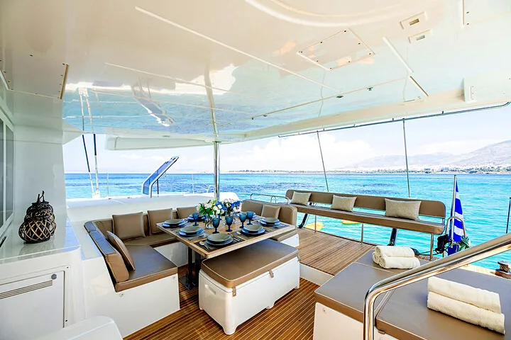 Deck of Royal Flush, a Lagoon 52 catamaran at Athens, Greece
