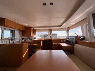 Salon of Ocean Mares, a Lagoon 450 Fly catamaran at Sant Antoni de Portmany, Spain