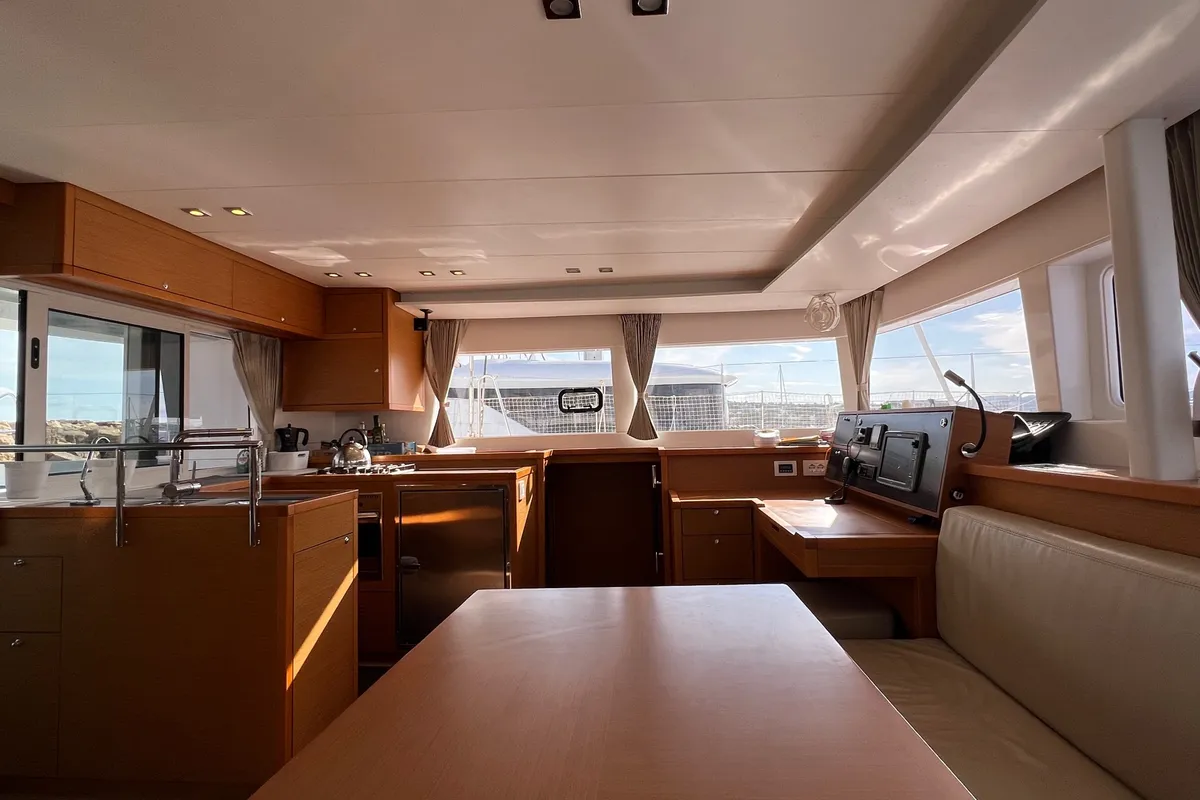 Salon of Ocean Mares, a Lagoon 450 Fly catamaran at Sant Antoni de Portmany, Spain