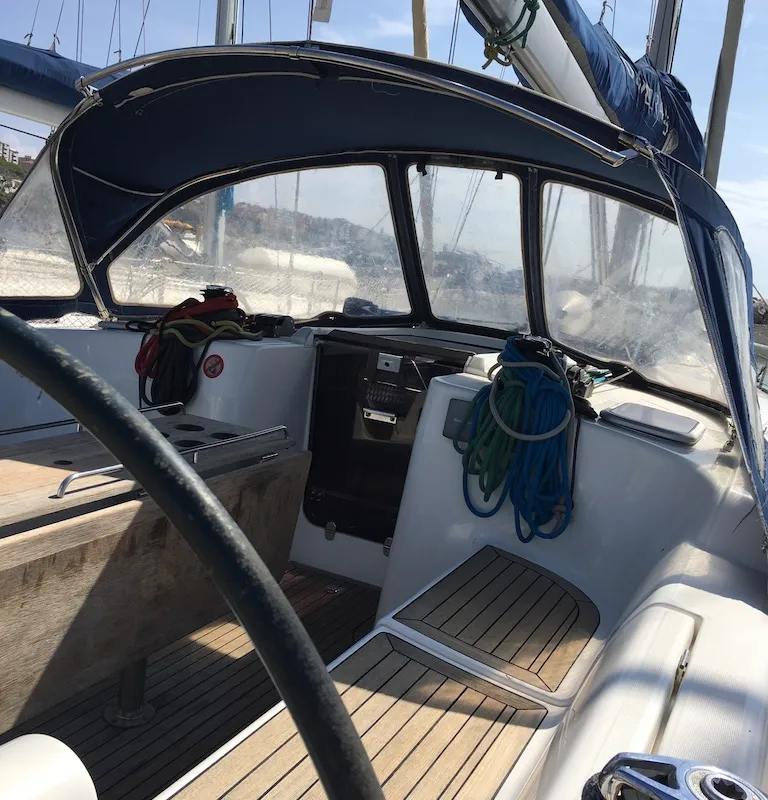 Cockpit of Surprise, a Dufour 425 sailboat at Piombino, Italy