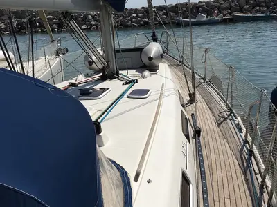 Deck of Surprise, a Dufour 425 sailboat at Piombino, Italy