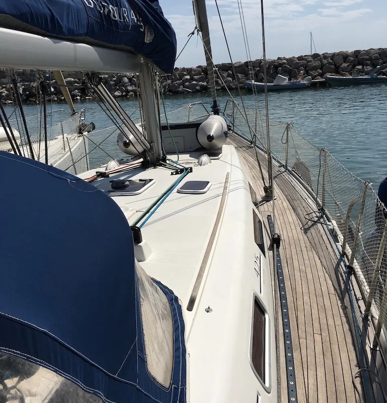 Deck of Surprise, a Dufour 425 sailboat at Piombino, Italy