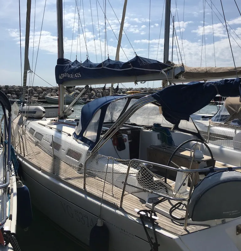 Exterior view of Surprise, a Dufour 425 sailboat at Piombino, Italy