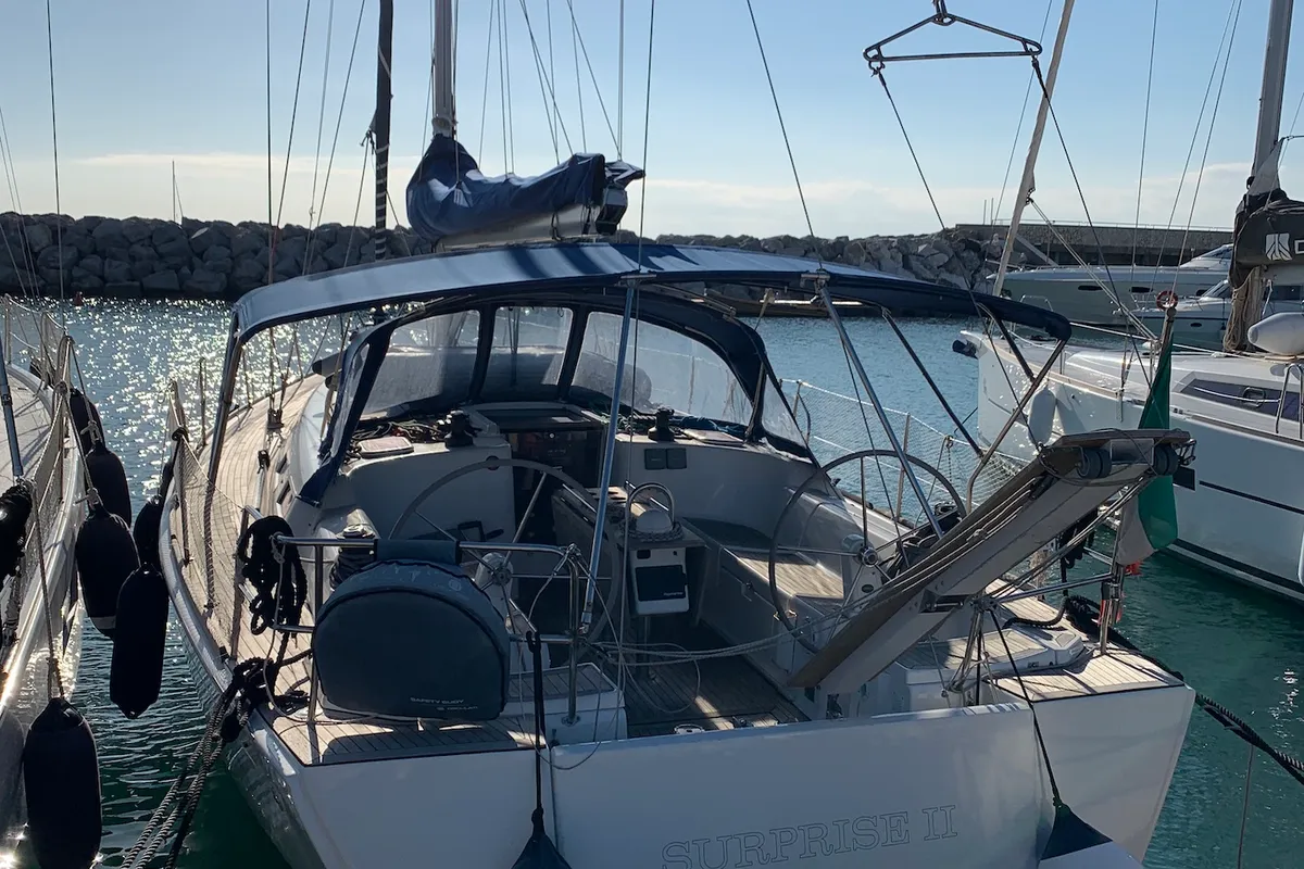 Exterior view of Surprise, a Dufour 425 sailboat at Piombino, Italy
