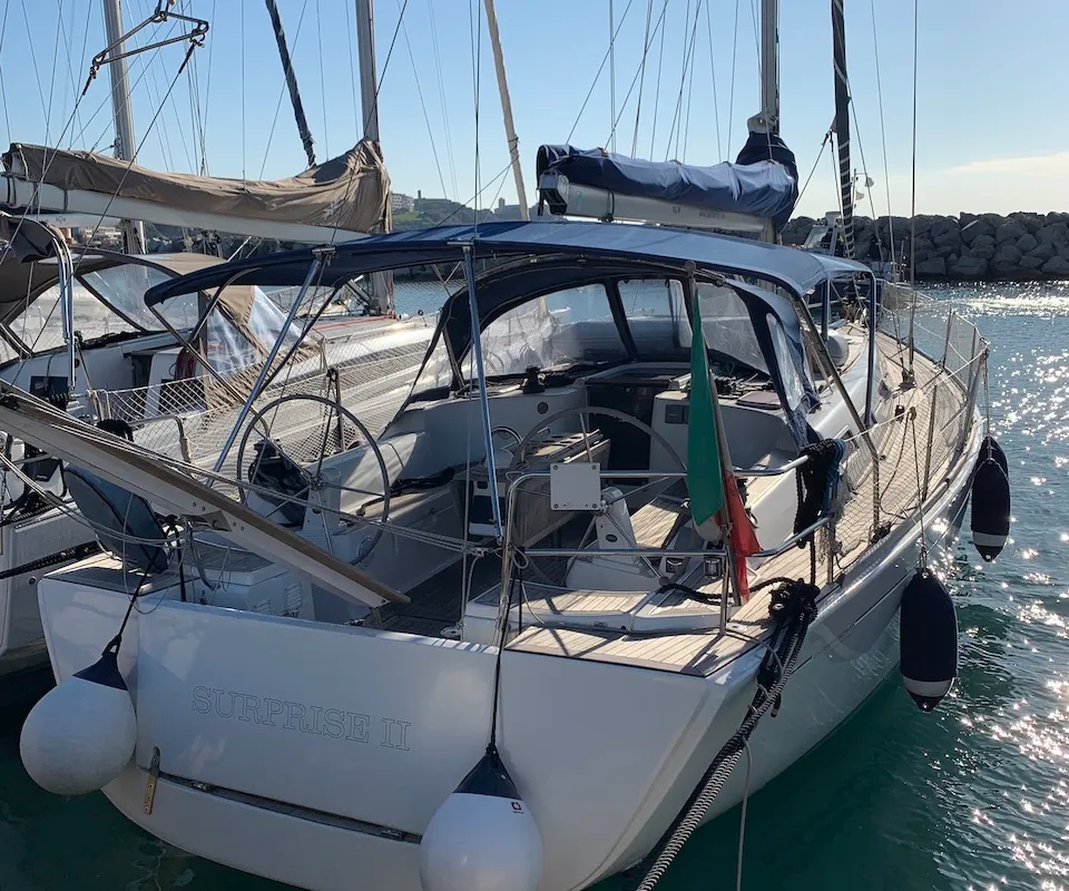Exterior view of Surprise, a Dufour 425 sailboat at Piombino, Italy