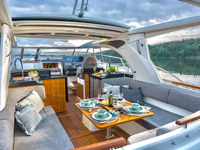 Salon of True North, a Marex 360 Cabriolet Cruiser motor yacht at Grad Šibenik, Croatia