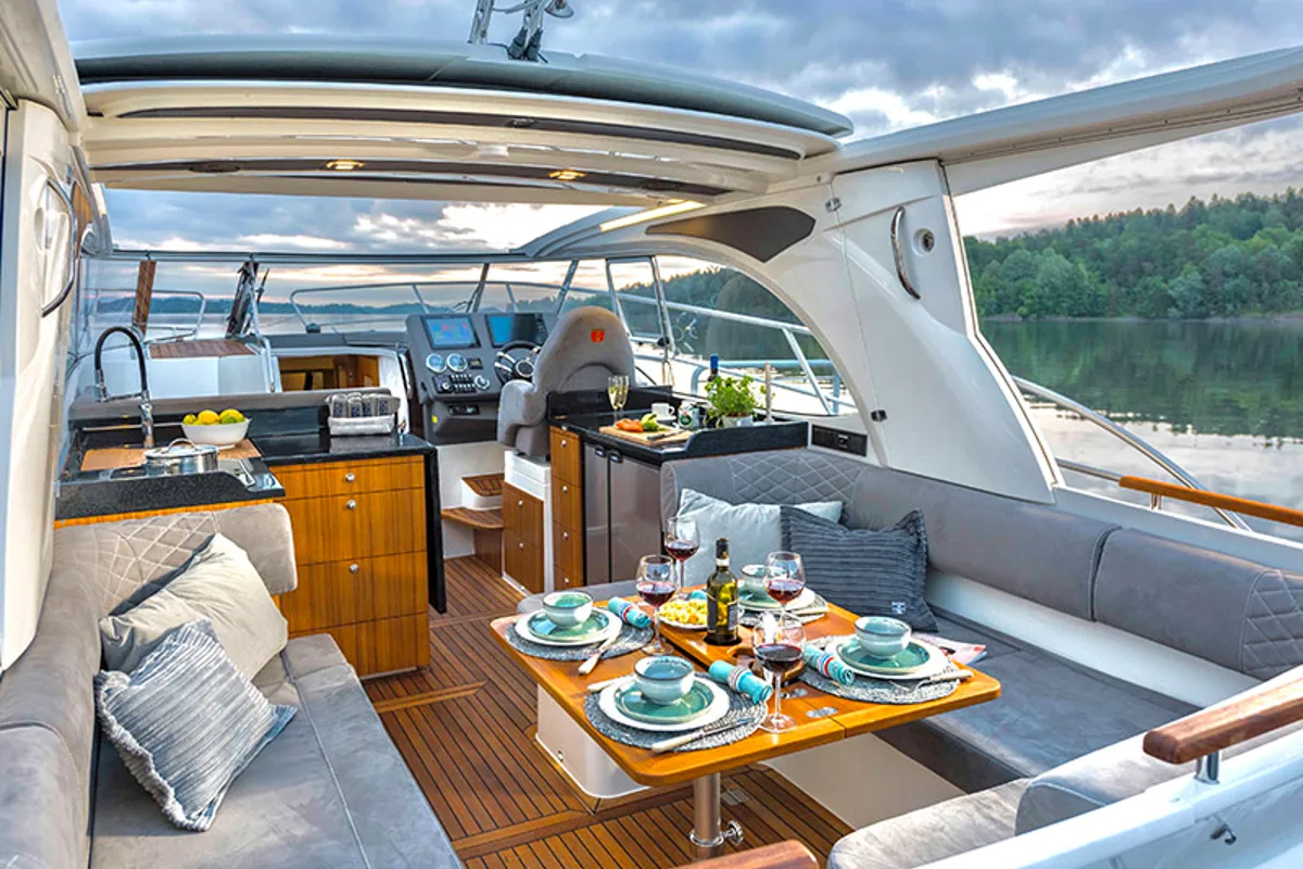 Salon of True North, a Marex 360 Cabriolet Cruiser motor yacht at Grad Šibenik, Croatia
