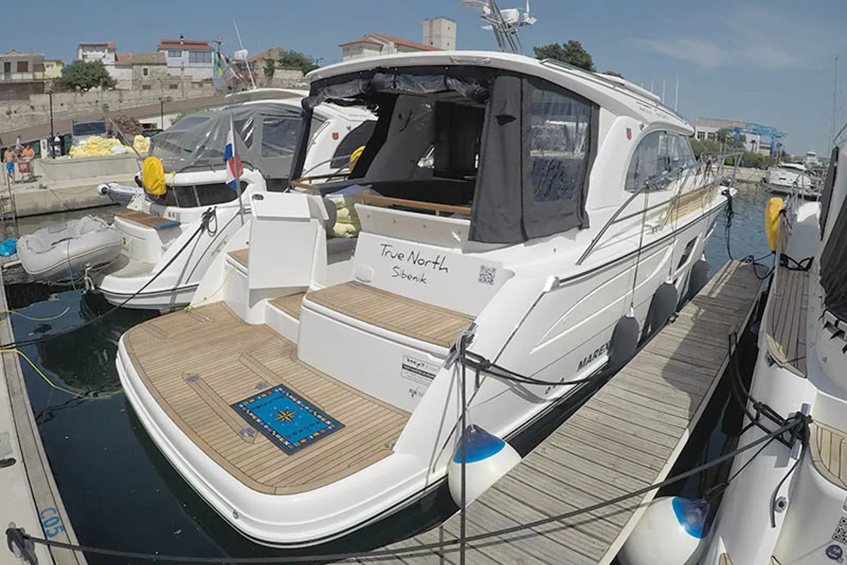 Exterior view of True North, a Marex 360 Cabriolet Cruiser motor yacht at Grad Šibenik, Croatia