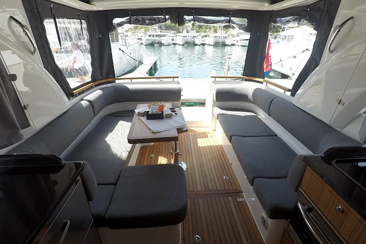 Salon of True North, a Marex 360 Cabriolet Cruiser motor yacht at Grad Šibenik, Croatia