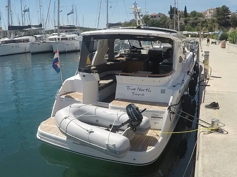 Exterior view of True North, a Marex 360 Cabriolet Cruiser motor yacht at Grad Šibenik, Croatia