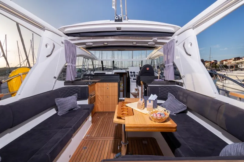 Deck of True North, a Marex 360 Cabriolet Cruiser motor yacht at Grad Šibenik, Croatia