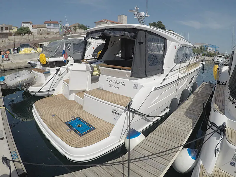 Exterior view of True North, a Marex 360 Cabriolet Cruiser motor yacht at Grad Šibenik, Croatia