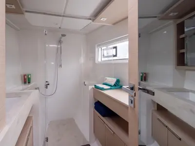 Salon of Deep Blue, a Lagoon 46 catamaran at Olbia, Italy