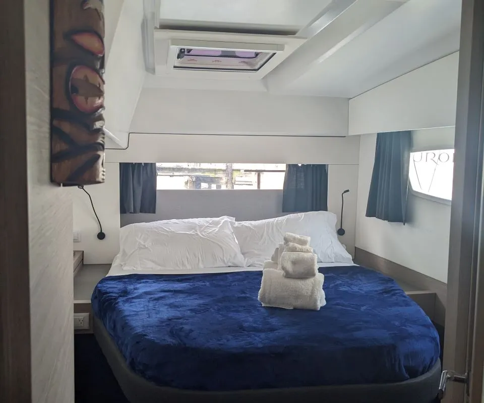 Cabin on Wayfinder, a Fountaine Pajot Astrea 42 Maestro catamaran at Central Abaco, Bahamas