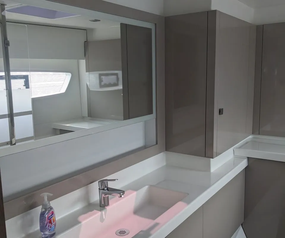 Head on Wayfinder, a Fountaine Pajot Astrea 42 Maestro catamaran at Central Abaco, Bahamas