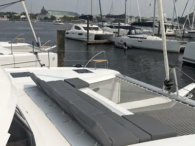 Deck of Wayfinder, a Fountaine Pajot Astrea 42 Maestro catamaran at Central Abaco, Bahamas