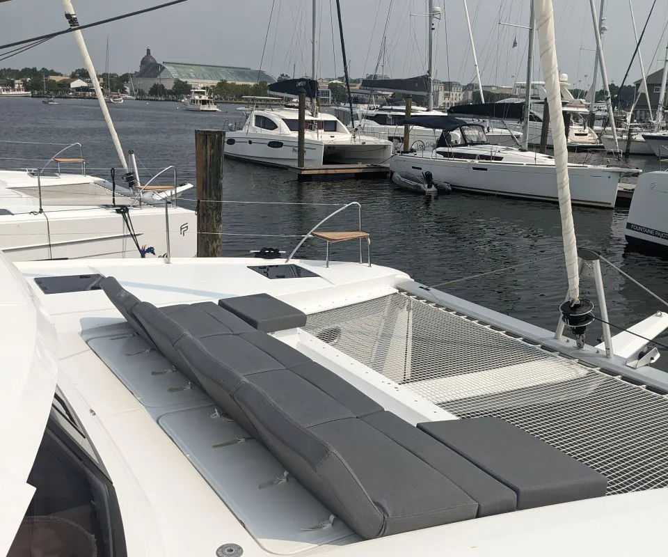 Deck of Wayfinder, a Fountaine Pajot Astrea 42 Maestro catamaran at Central Abaco, Bahamas