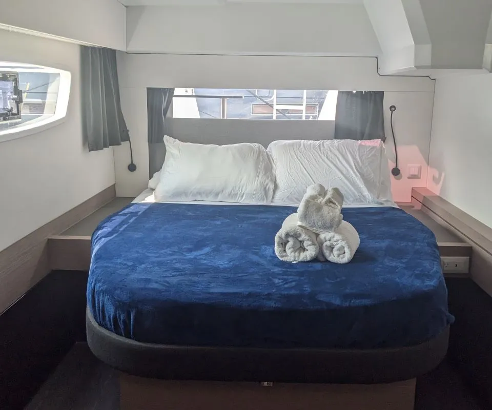 Cabin on Wayfinder, a Fountaine Pajot Astrea 42 Maestro catamaran at Central Abaco, Bahamas