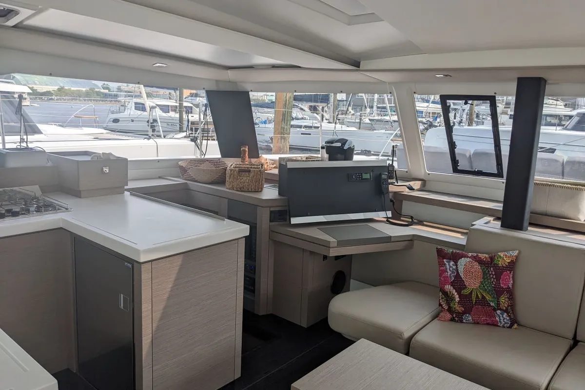 Galley of Wayfinder, a Fountaine Pajot Astrea 42 Maestro catamaran at Central Abaco, Bahamas