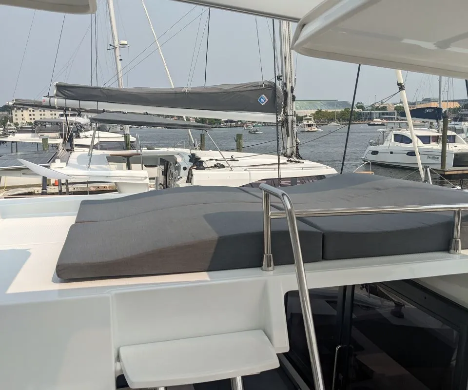 Deck of Wayfinder, a Fountaine Pajot Astrea 42 Maestro catamaran at Central Abaco, Bahamas