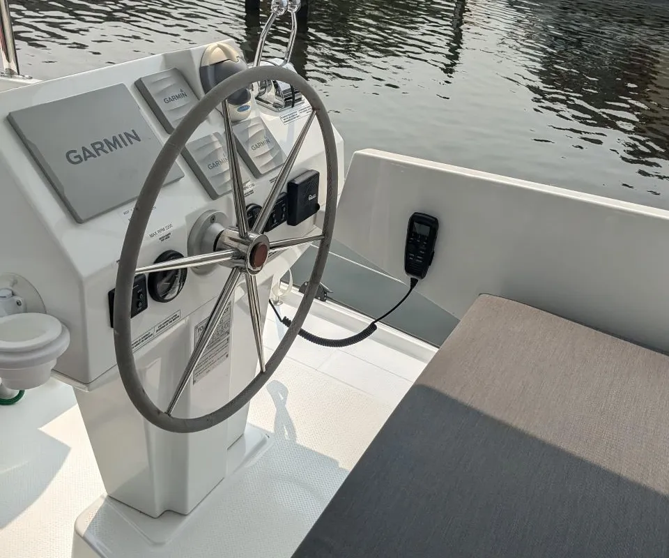 Cockpit of Wayfinder, a Fountaine Pajot Astrea 42 Maestro catamaran at Central Abaco, Bahamas